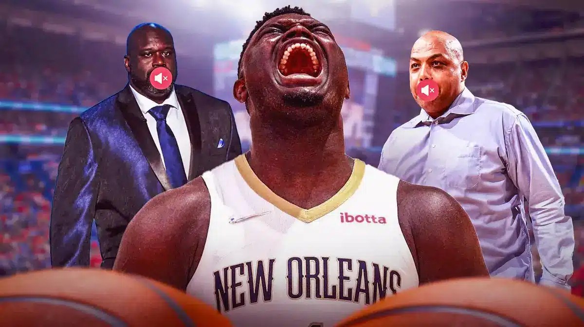 Zion flexing, Shaq/Barkley with mute symbol over lips.