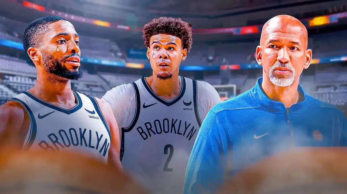 Nets' Mikal Bridges and Cam Johnson with animated tears. Pistons' Monty Williams looking down