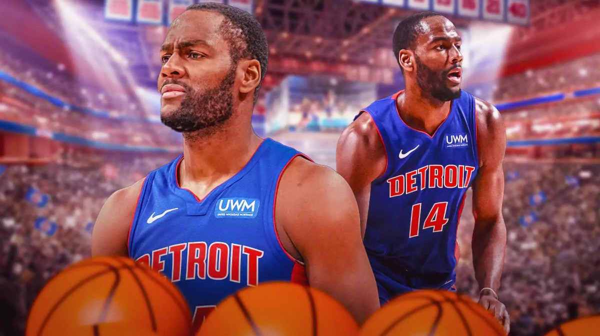 Pistons, Alec Burks, Alec Burks Pistons, Nets, Pistons losing streak, Alec Burks in Pistons uni with Pistons arena in the background