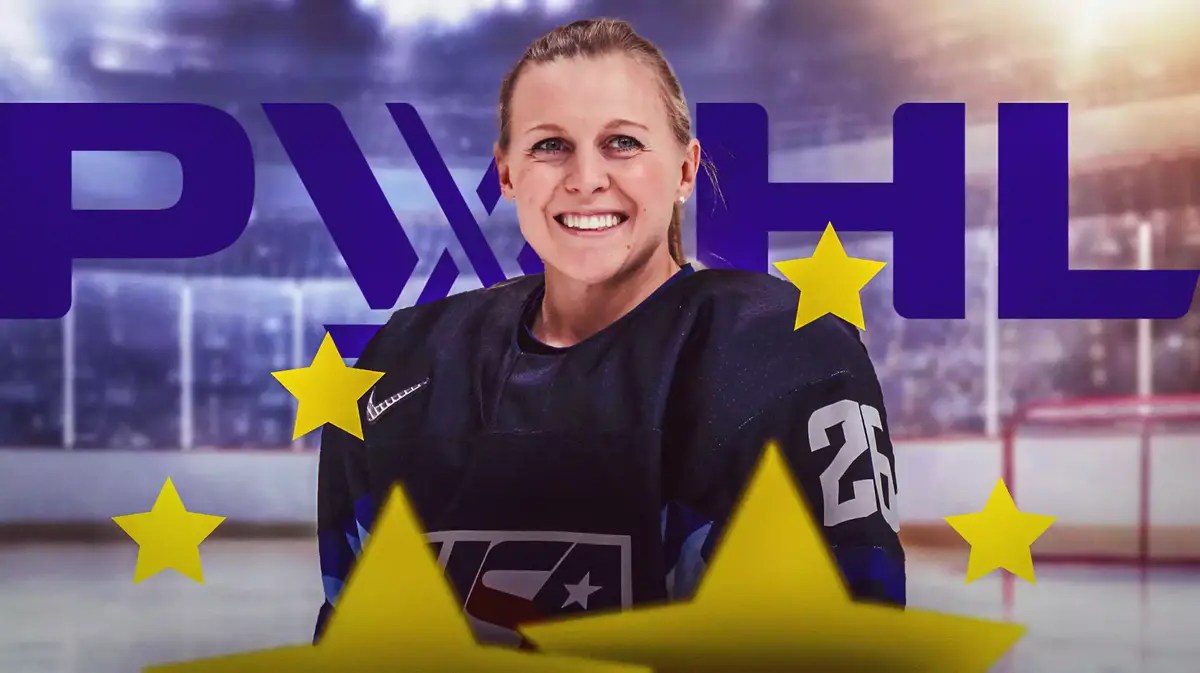 Women’s hockey player Kendall Coyne Schofield, with stars around her and the PWHL logo