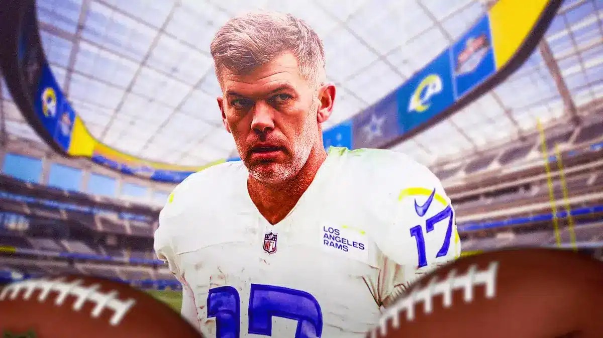 Mason Crosby in a Rams jersey. Rams logo in background