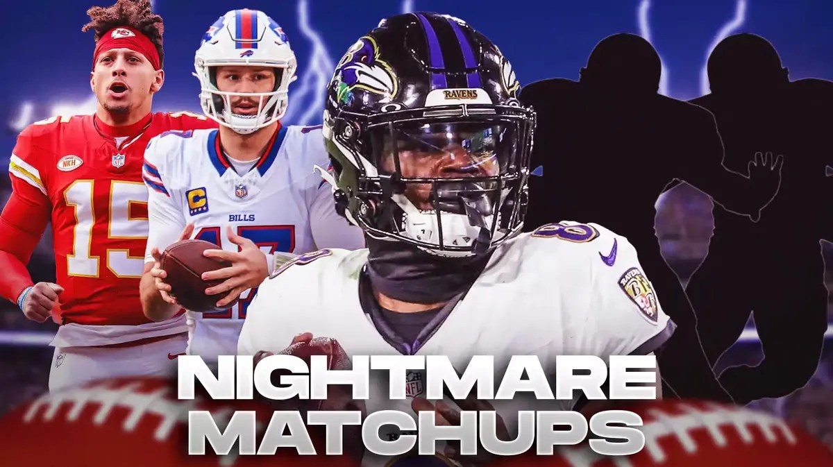 Lamar Jackson in the middle, Patrick Mahomes and Josh Allen around him, Two other mystery players around them, and Lightning in the background.