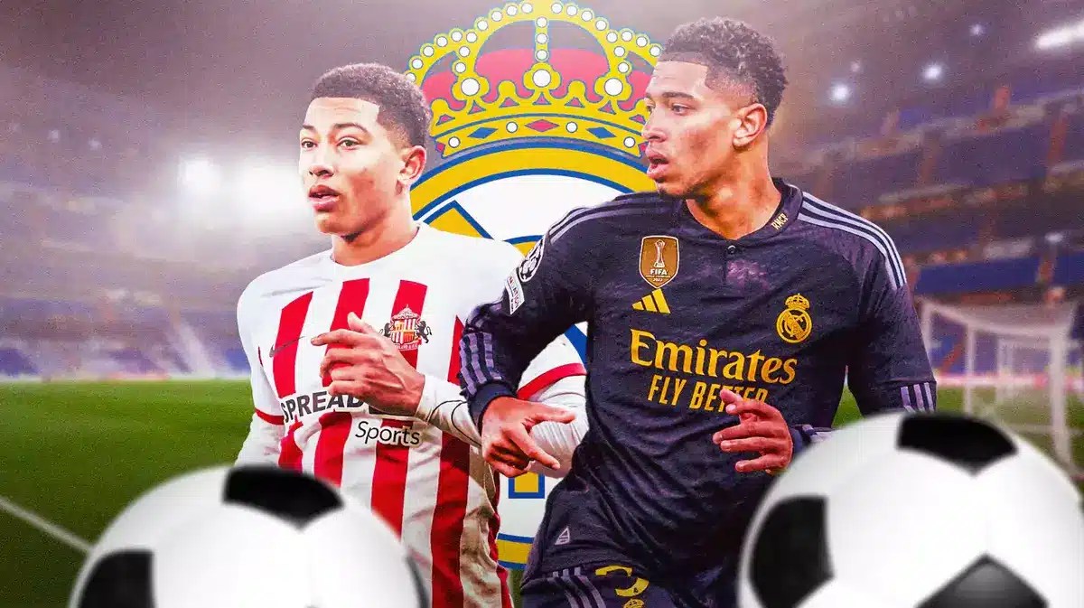 Jude Bellingham and Jobe Bellingham in front of the Real Madrid logo