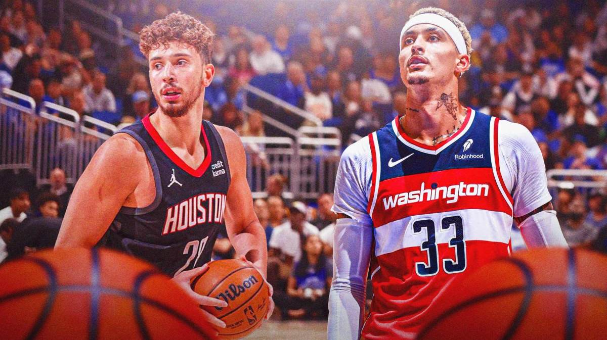 Houston Rockets star Alperen Sengun and Washington Wizards forward Kyle Kuzma in front of the Toyota Center.