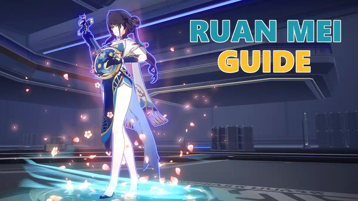ruan mei build, ruan mei honkai star rail, ruan mei, ruan mei light cones, ruan mei relics, a screenshot of Ruan Mei with the words Ruan Mei Guide on it