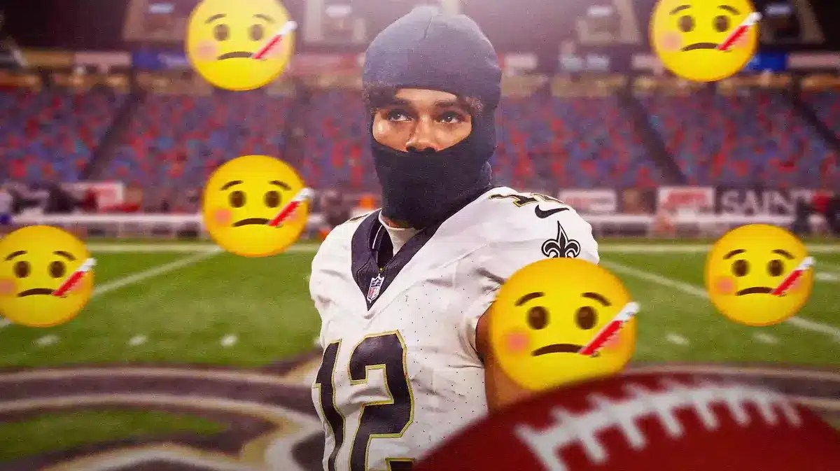 New Orleans Saints' Chris Olave and 🤒 (sick emojis) surrounding him