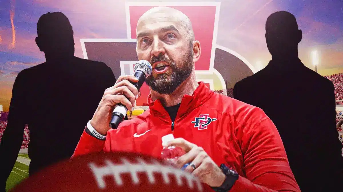 San Diego State football coach Sean Lewis with 2 silhouette coaches behind him