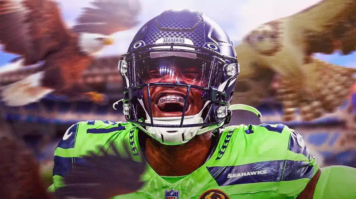 Devon Witherspoon with Eagles and Seahawks flying over him