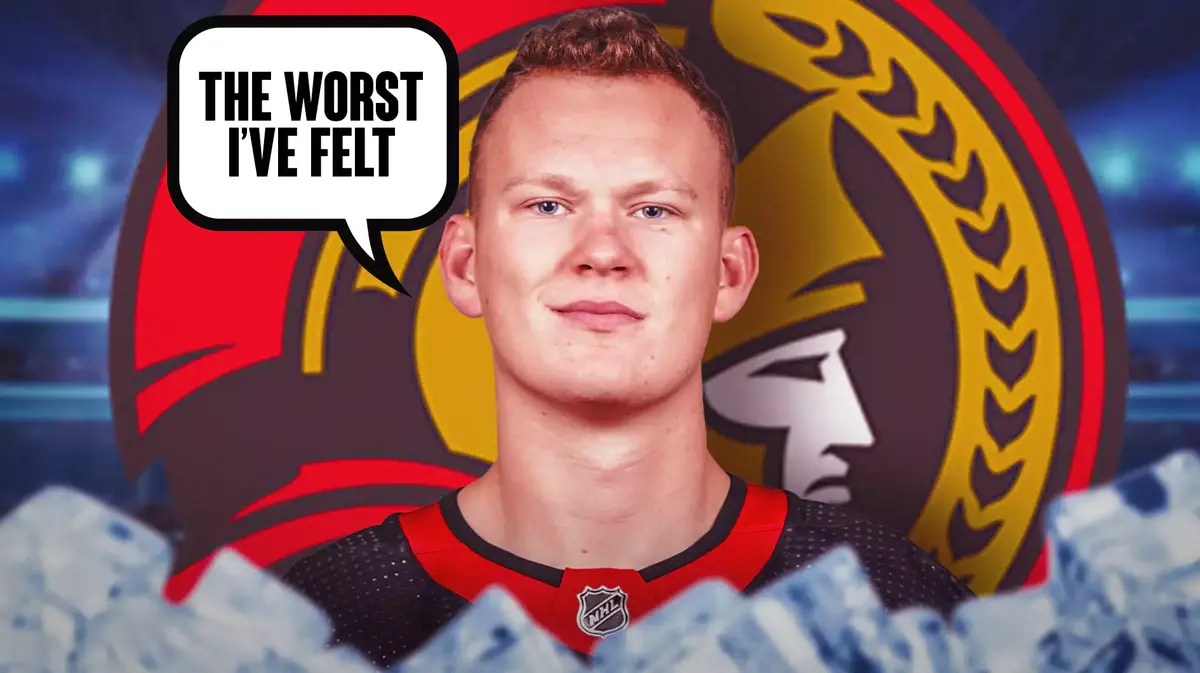 Brady Tkachuk in middle of image looking stern with speech bubble: “The worst I’ve felt” , OTT Senators logo, hockey rink in background