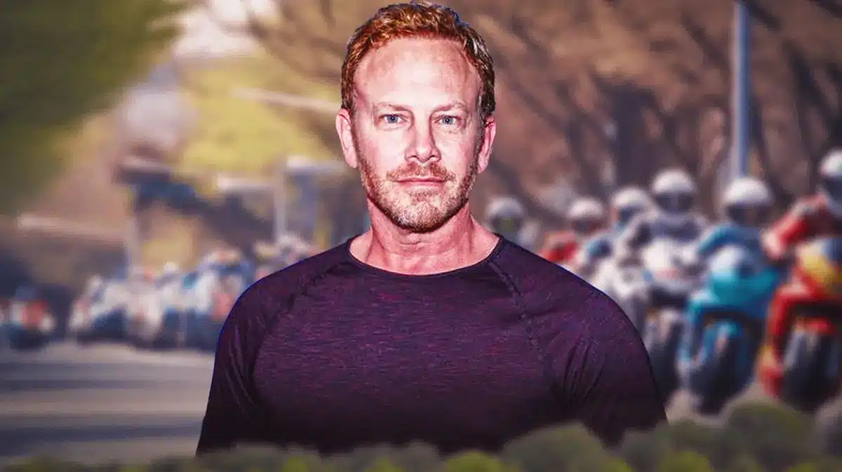 Actor Ian Ziering with bikers in the background.