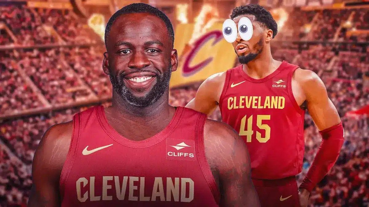 Donovan Mitchel with big emoji eyes. Draymond Green in a Cavaliers uniform next to him