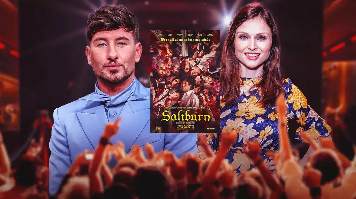 Barry Keoghan and Sophie Ellis-Bextor with Saltburn poster between them.