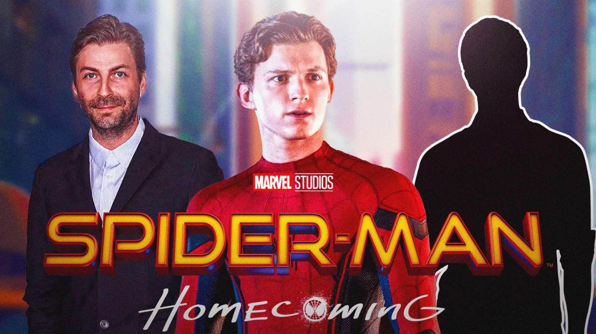 Jon Watts, Tom Holland, and Cabin in the Woods director Drew Goddard behind MCU Spider-Man Homecoming logo.
