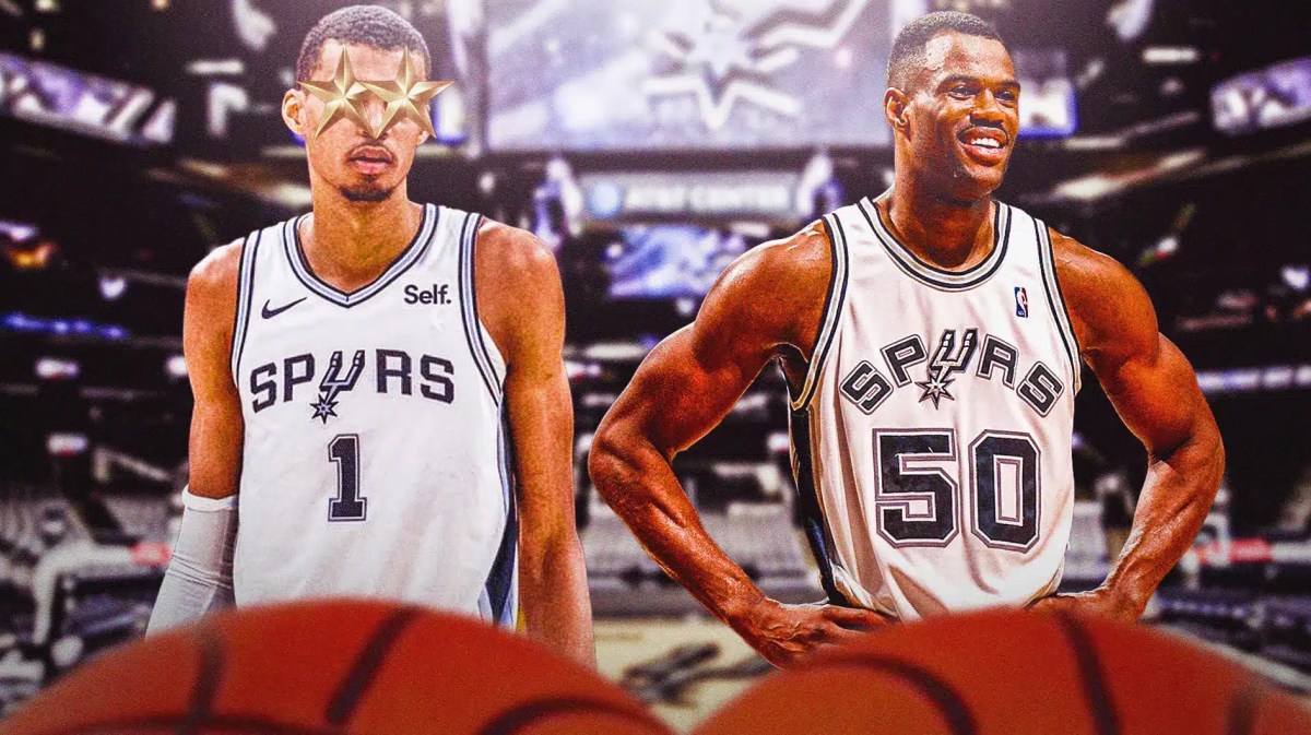 Spurs' Victor Wembanyama with stars in his eyes looking at David Robinson