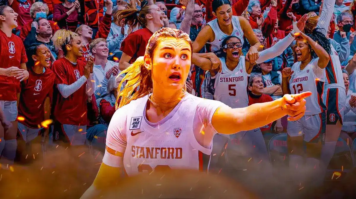 Stanford women’s basketball player Hannah Jump. Hannah Jump is the main focus of the graphic, with other Stanford women’s basketball players in the background.