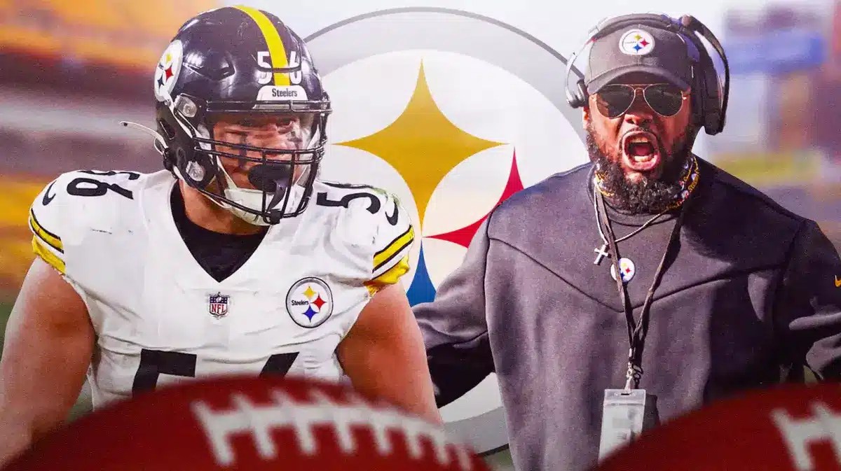 Photo: Alex Highsmith and Mike Tomlin hyped in Steelers gear with Steelers logo behind them
