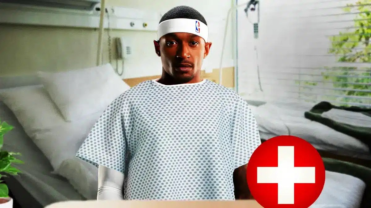 Bradley Beal (Suns) in a hospital gown and with medical cross symbol