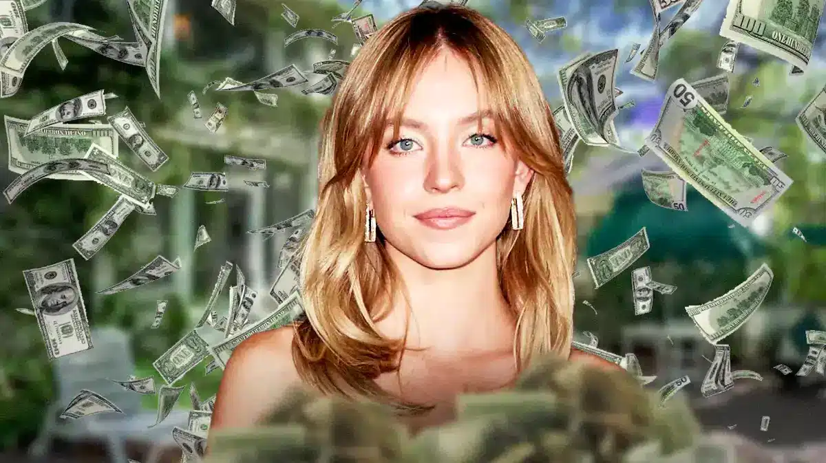 Sydney Sweeney surrounded by piles of cash.