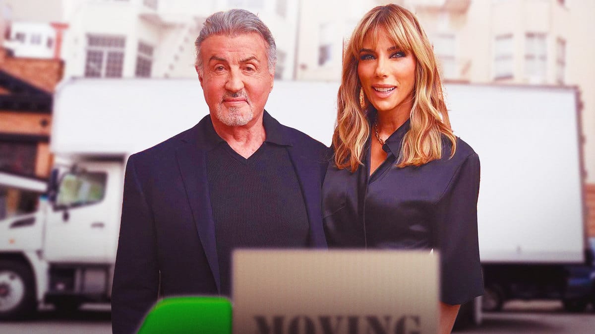 Sylvester Stallone and Jennifer Flavin with a moving truck behind them.