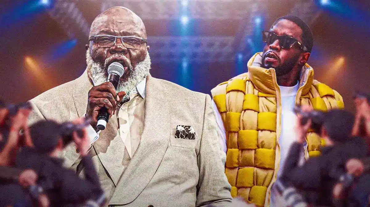T.D. Jakes and Diddy with a crowd in front of them