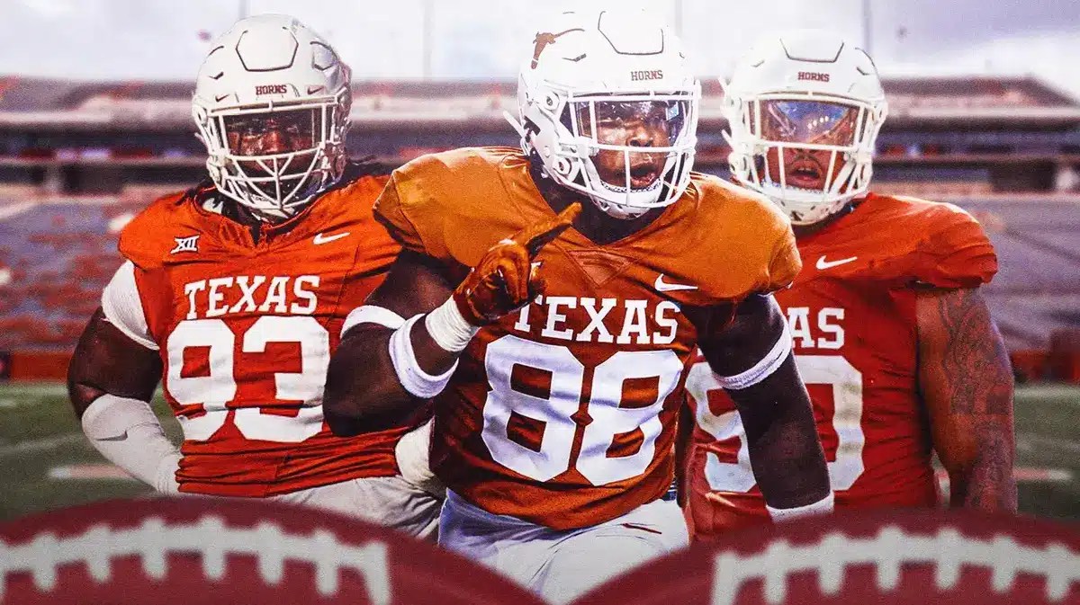 Texas football players Barryn Sorrell, Byron Murphy II, and T'Vondre Sweat in front of Darrell K Royal-Texas Memorial Stadium.