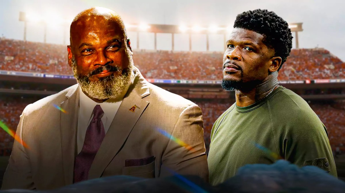 Texas Southern football, Tigers, Andre Johnson, Fred McNair, Texas Southern football coach, Fred McNair and Andre Johnson with Texas Southern football field in the background