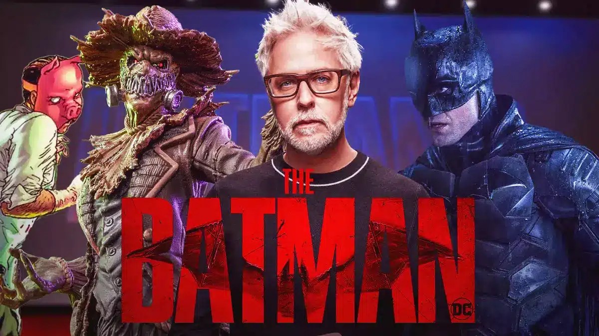 James Gunn with The Batman logo, Scarecrow from DC comics and Robert Pattinson as Batman.