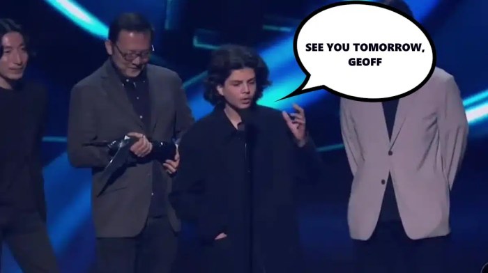 tga 2022, tga 2023, bill clinton tga 2022, matan even, bill clinton, a picture of matan even during tga 2022 with a speech bubble saying see you tomorrow geoff