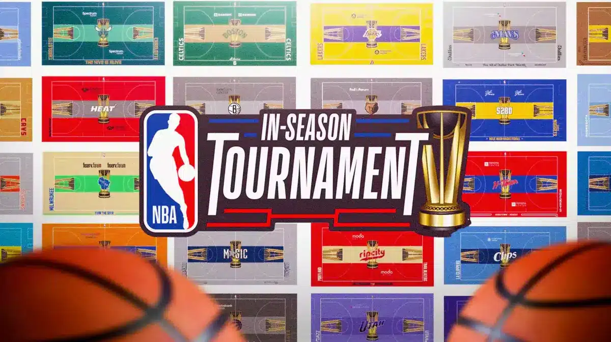 NBA In-Season Tournament logo with the court designs behind it