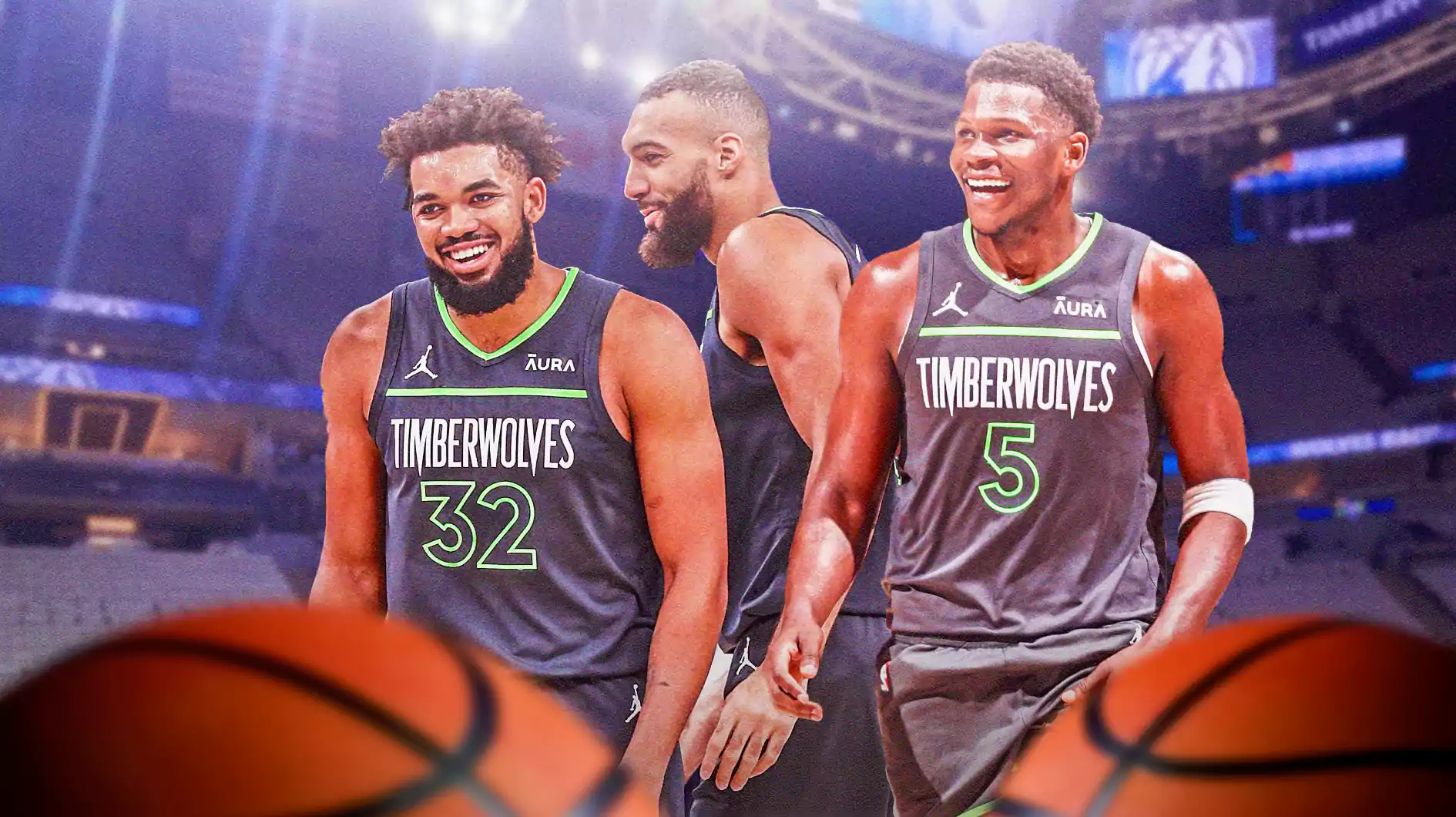 Timberwolves players Karl-Anthony Towns, Rudy Gobert and Anthony Edwards laughing