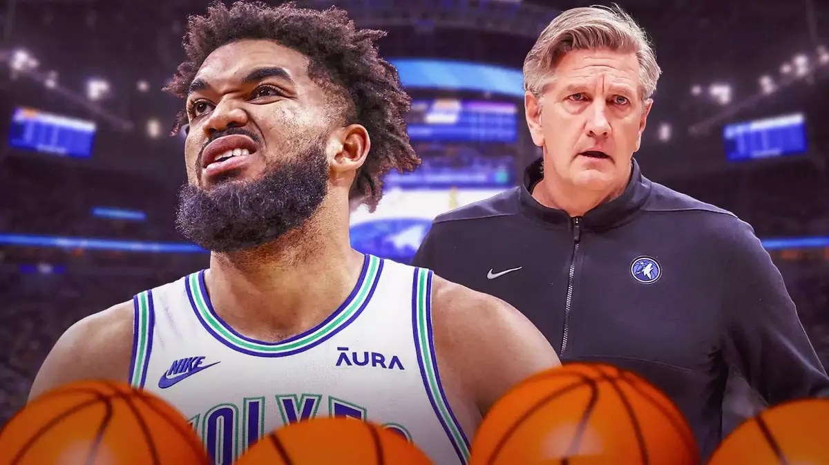 Minnesota Timberwolves star Karl-Anthony Towns with head coach Chris Finch in front of the Target Center.