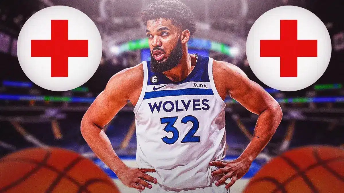 Minnesota Timberwolves star Karl-Anthony Towns in front of the Target Center around injury signs.