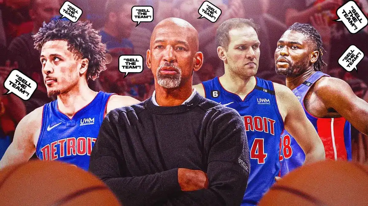 Cade Cunningham and Bojan Bogdanovic with a "trade market" sign