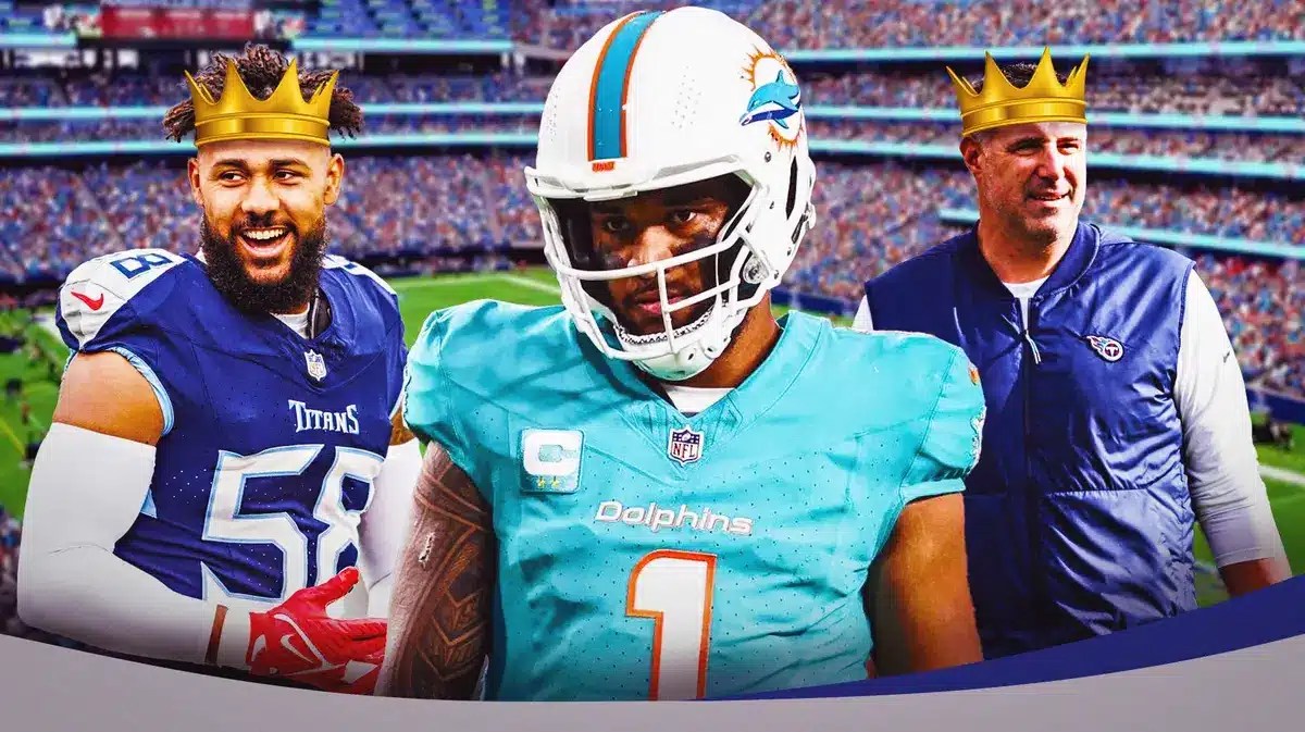 Titans Mike Vrabel and Harold Landry III with Dolphins Tua Tagovailoa