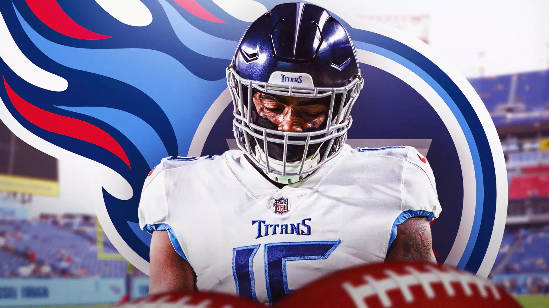Treylon Burks in middle of image looking stern, TEN Titans logo, football field in background