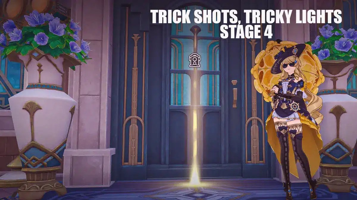 trick shots tricky lights stage 4, trick shots tricky lights, trick shots tricky lights guide, genshin impact event, genshin impact, a screenshot of Navia with the words Trick Shots Tricky Lights Stage 4 in the corner