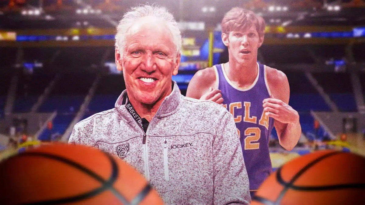 UCLA basketball, Bruins, Bill Walton, Bill Walton UCLA, Bill Walton award, Bill Walton with UCLA basketball arena in the background