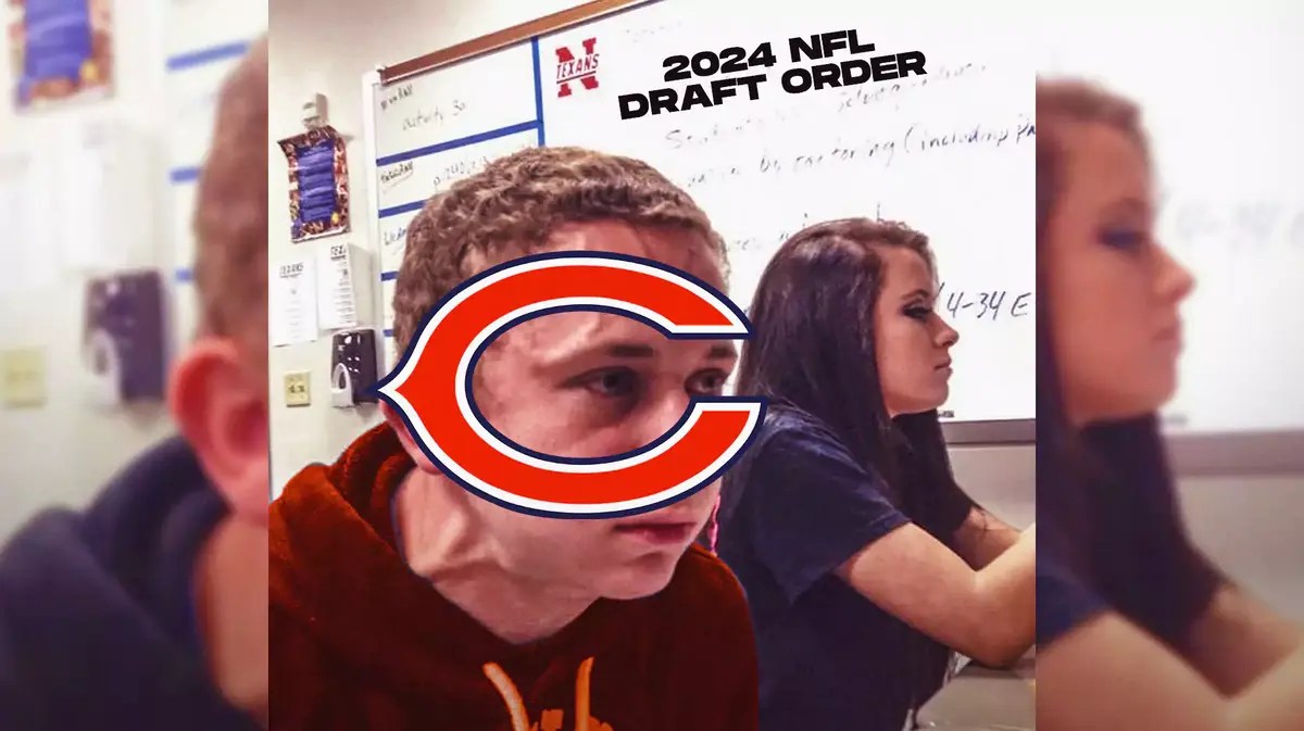 Bears logo and apply Chicago Bears color on the sweater of the nervous guy meme, 2024 NFL Draft, NFL Draft