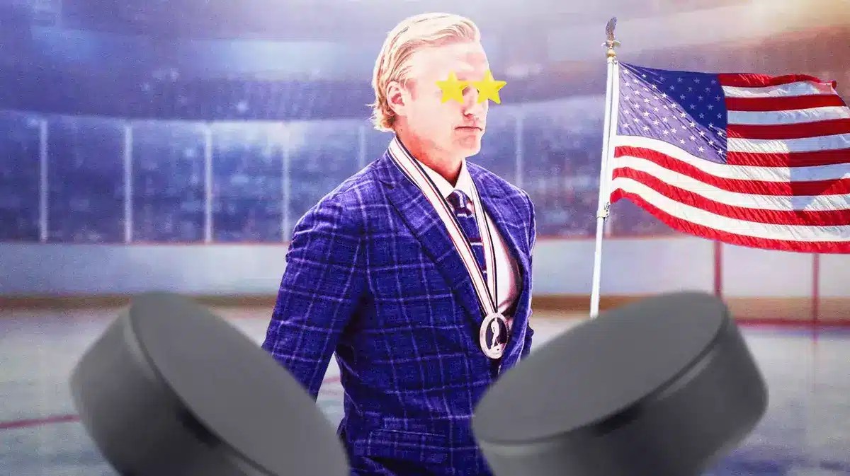 U.S. women’s hockey coach John Wroblewski in a hockey rink with an American flag, as well as stars in his eyes