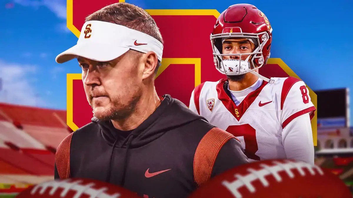 Photo: Lincoln Riley and Malachi Nelson in USC gear with Trojans logo in the background