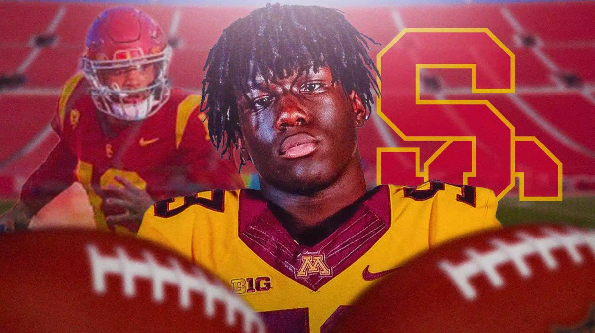 USC football, Trojans, Minnesota football, Jide Abasiri, USC football recruiting, Jide Abasiri with USC football stadium in the background