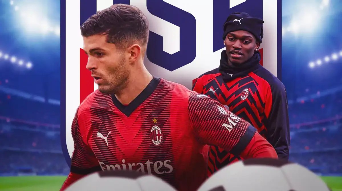 Christian Pulisic running ahead of Rafael Leao, the USMNT logo in the air