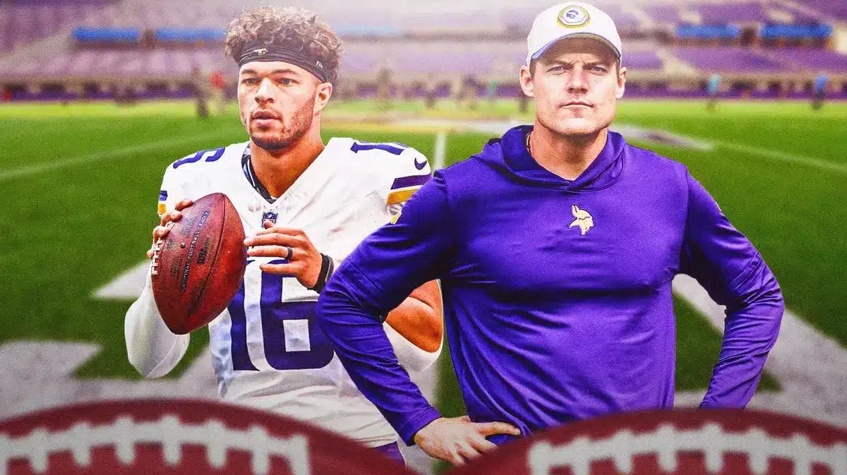 Minnesota Vikings' Kevin O'Connell and Jaren Hall in front of US Bank Stadium.