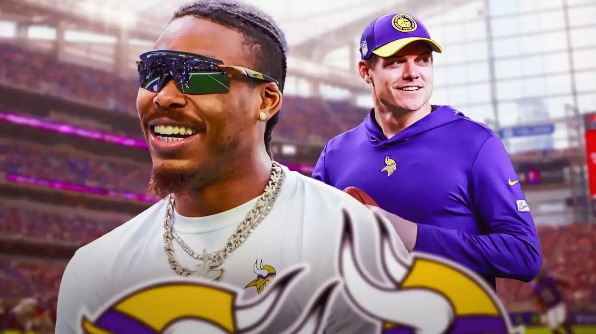 Minnesota Vikings' Justin Jefferson and Kevin O'Connell in front of U.S. Bank Stadium.