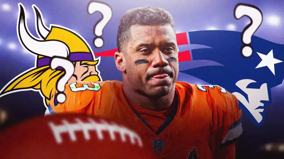 Russell Wilson between New England Patriots and Minnesota Vikings logos