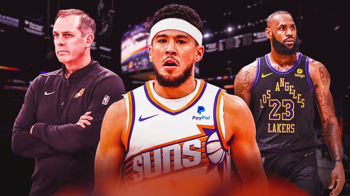 Phoenix Suns coach Frank Vogel and guard Devin Booker next to LeBron James (Lakers)