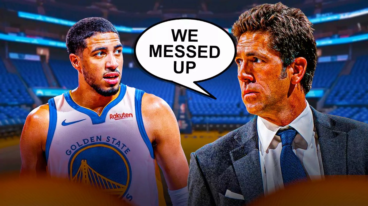 Tyrese Haliburton in a Warriors jersey, include Bob Myers next to him saying, 'We messed up'