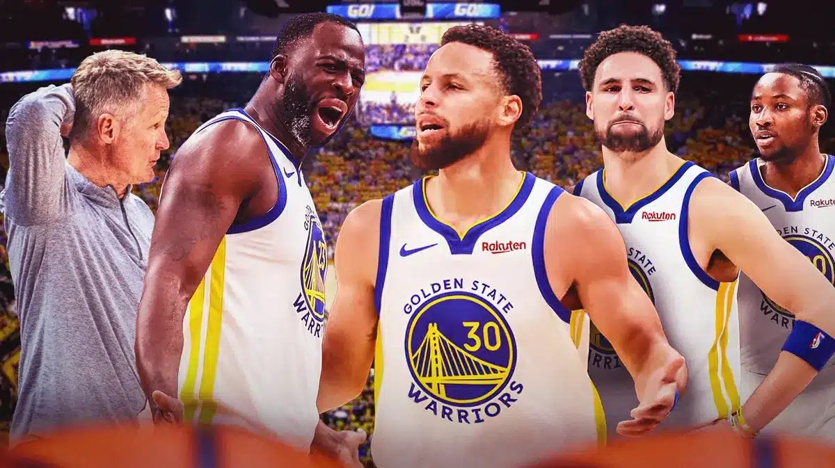 Warriors' Stephen Curry, Draymond Green, Steve Kerr, Klay Thompson, Jonathan Kuminga