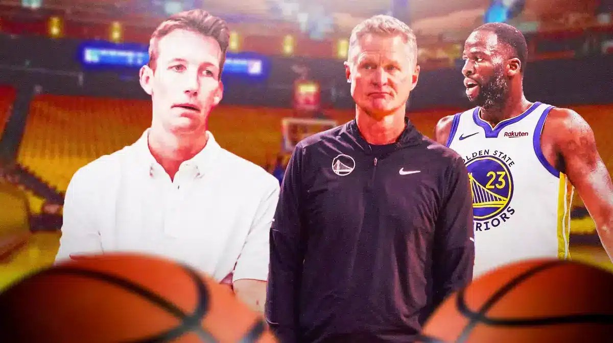 Warriors GM Mike Dunleavy Jr. next to Steve Kerr and Draymond Green