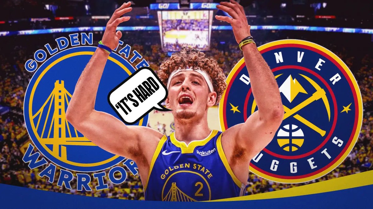 Brandin Podziemski saying, 'it's hard,' also include the Warriors and Nuggets logos in the background